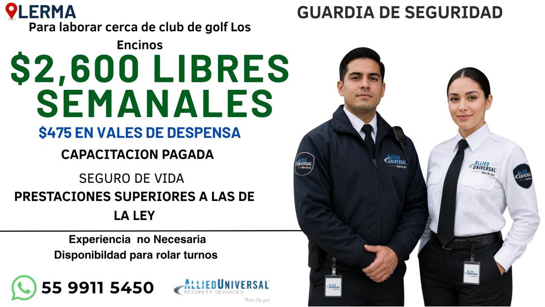 Banner del anuncio de la vacante: OLERMA · Para laborar cerca de club de golf Los · Encinos · $2,600 LIBRES · SEMANALES · $475 EN VALES DE DESPENSA · CAPACITACION PAGADA · SE