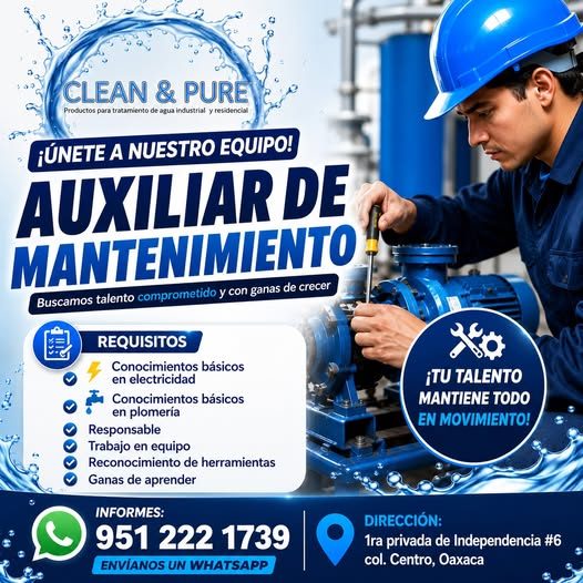 Banner del anuncio de la vacante: CLEAN & PURE · Productos para tratamiento de agua industrial y residencial · ¡ÚNETE A NUESTRO EQUIPO! · AUXILIAR DE · MANTENIMIENTO · Buscam