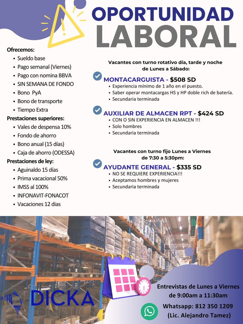 Banner del anuncio de la vacante: OPORTUNIDAD · LABORAL · Ofrecemos: · • Sueldo base · • Pago semanal (Viernes) · • Pago con nomina BBVA · • SIN SEMANA DE FONDO · • Bono PyA 