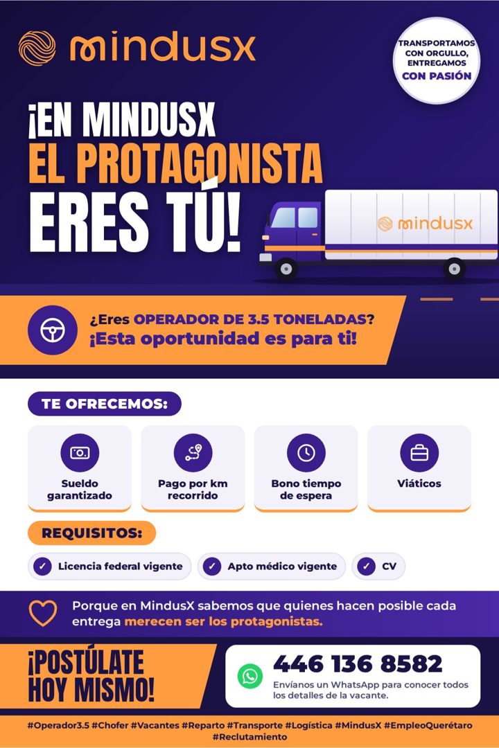 Banner del anuncio de la vacante: mindusx · TRANSPORTAMOS · CON ORGULLO, · ENTREGAMOS · CON PASIÓN · TEN MINDUSX · EL PROTAGONISTA · ERES TU! · mindusx · ¿Eres OPERADOR DE 3.