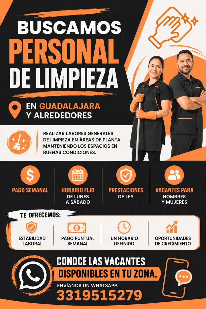 Banner del anuncio de la vacante: BUSCAMOS · PERSONAL · DE LIMPIEZA · EN GUADALAJARA · Y ALREDEDORES · REALIZAR LABORES GENERALES · DE LIMPIEZA EN ÁREAS DE PLANTA, · MANTENIE