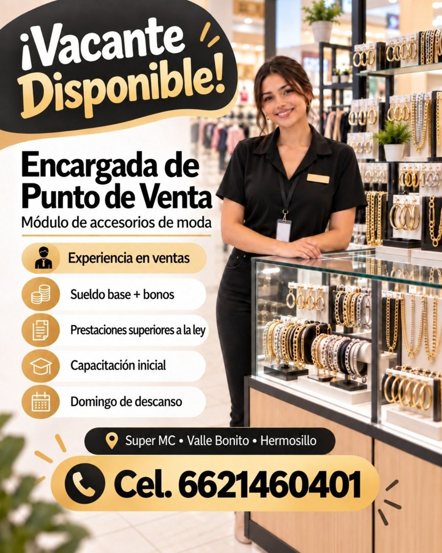 Banner del anuncio de la vacante: iVacante · Disponible! · Encargada de · Punto de Venta · Módulo de accesorios de moda · Experiencia en ventas · Sueldo base + bonos · Presta