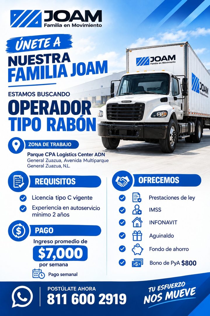 Banner del anuncio de la vacante: JOAM · Familia en Movimiento · ÚNETE A · NUESTRA · FAMILIA JOAM · ESTAMOS BUSCANDO · OPERADOR · TIPO RABON · ZONA DE TRABAJO · Parque CPA Lo