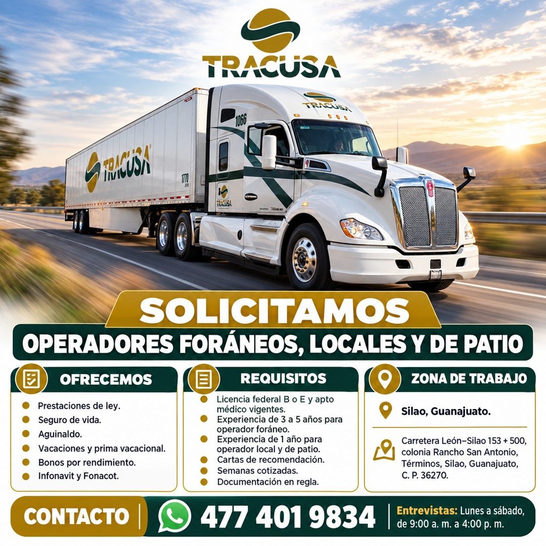 Banner del anuncio de la vacante: TRACUSA · FRAGUSA · 0 0 0 · 1066 · FRACUSA · ENv 3ak:40 · SOLICITAMOS · OPERADORES FORÁNEOS, LOCALES Y DE PATIO · OFRECEMOS · Prestaciones d