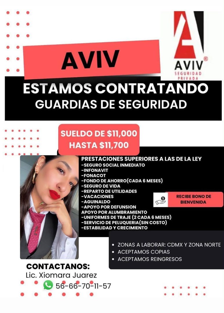 Banner del anuncio de la vacante: AVIV · AVIV® · SEGURIDAD · PRIVADA · ESTAMOS CONTRATANDO · GUARDIAS DE SEGURIDAD · SUELDO DE $11,000 · HASTA $11,700 · PRESTACIONES SUPERIOR