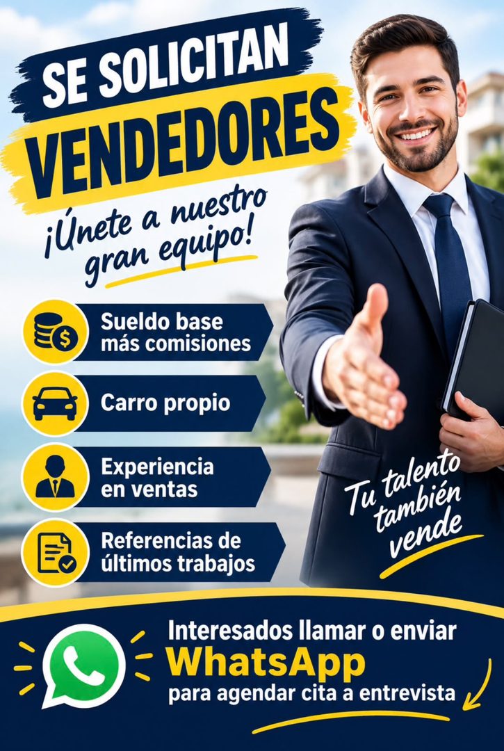 Banner del anuncio de la vacante: SE SOLICITAN · VENDEDORES · ¡Únete a nuestro · gran equipo! · Sueldo base · $ · más comisiones · Carro propio · Experiencia · en ventas · Re