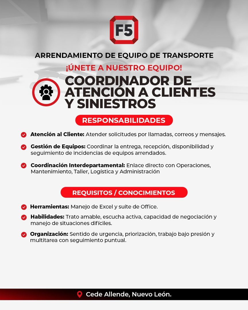 Banner del anuncio de la vacante: F5 · ARRENDAMIENTO DE EQUIPO DE TRANSPORTE · ¡ÚNETE A NUESTRO EQUIPO! · COORDINADOR DE · ATENCION A CLIENTES · Y SINIESTROS · RESPONSABILIDA