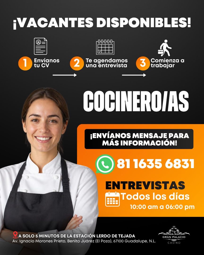 Banner del anuncio de la vacante: ¡VACANTES DISPONIBLES! · 1 · Envianos · tu CV · 2 · Te agendamos · una entrevista · 3 · Comienza a · trabajar · COCINERO/AS · ¡ENVÍANOS MENS