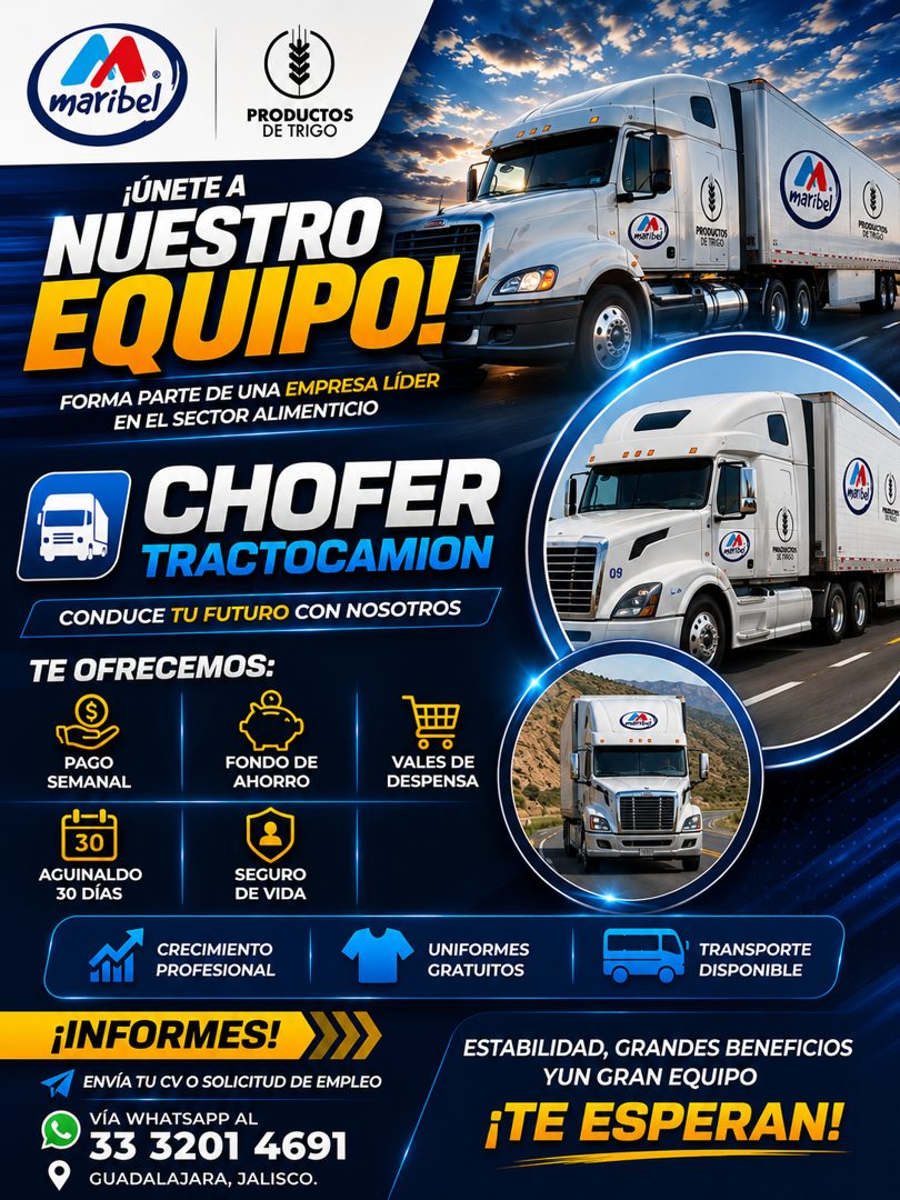 Banner del anuncio de la vacante: maribel · PRODUCTOS · DE TRIGO · ¡ÚNETE A · NUESTRO · EQUIPO! · FORMA PARTE DE UNA EMPRESA LÍDER · EN EL SECTOR ALIMENTICIO · CHOFER · TRACT