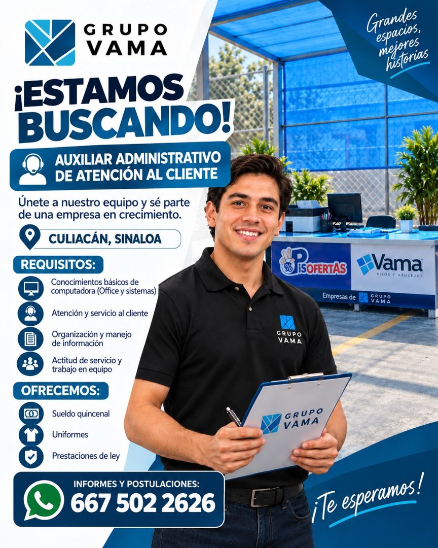 Banner del anuncio de la vacante: GRUPO · VAMA · •ESTAMOS · BUSCANDO! · AUXILIAR ADMINISTRATIVO · DE ATENCIÓN AL CLIENTE · Únete a nuestro equipo y sé parte · de una empresa 