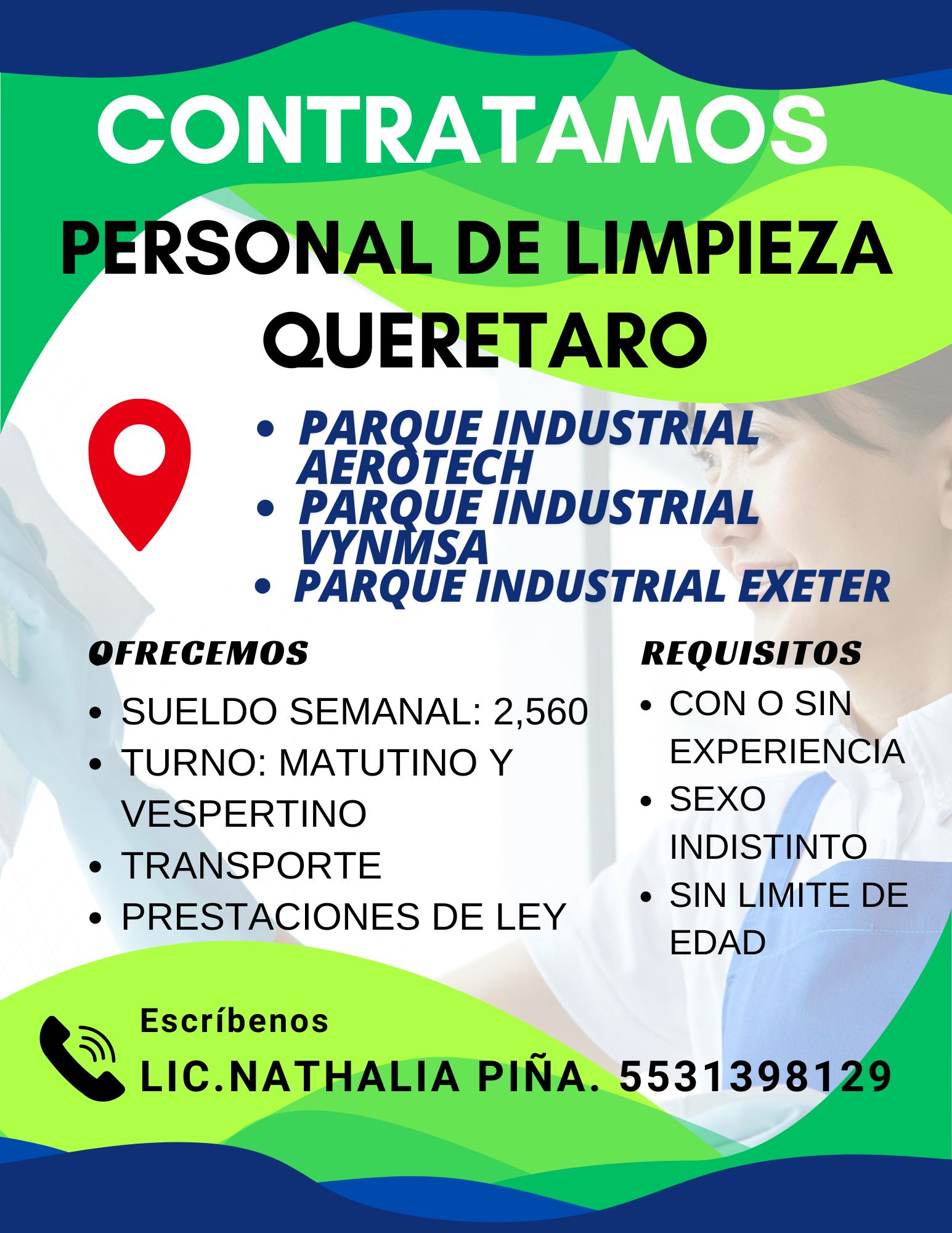 Banner del anuncio de la vacante: CONTRATAMOS · PERSONAL DE LIMPIEZA · QUERETARO · • PARQUE INDUSTRIAL · AEROTECH · • PARQUE INDUSTRIAL · VYNMSA · • PARQUE INDUSTRIAL EXETER 