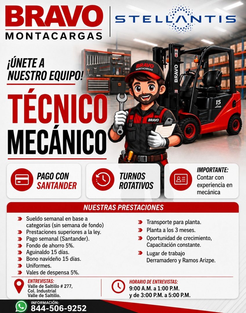 Banner del anuncio de la vacante: BRAVO · MONTACARGAS · STELLANTIS · ¡ÚNETE A · NUESTRO EQUIPO! · TÉCNICO · MECÁNICO · BRAVO · MONTACARGAS · BRAVO · 15 · Linde · BRAVO · PAGO