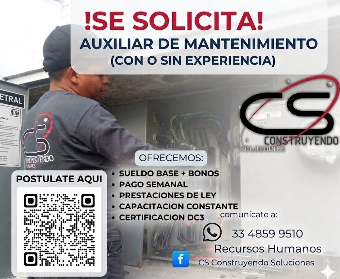 Banner del anuncio de la vacante: ISE SOLICITA! · AUXILIAR DE MANTENIMIENTO · (CON O SIN EXPERIENCIA) · ETRAL · NOM · CONSTRUYENDO · SOLULIONES · ONONS VENDO · LEVIES · POSTU