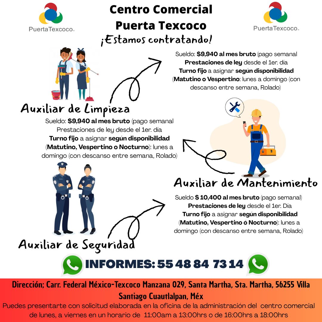 Banner del anuncio de la vacante: PuertaTexcoco. · Centro Comercial · Puerta Texcoco · Puerta Texcoco. · ¡Estamos contratando! · Sueldo: $9,940 al mes bruto (pago semanal · P
