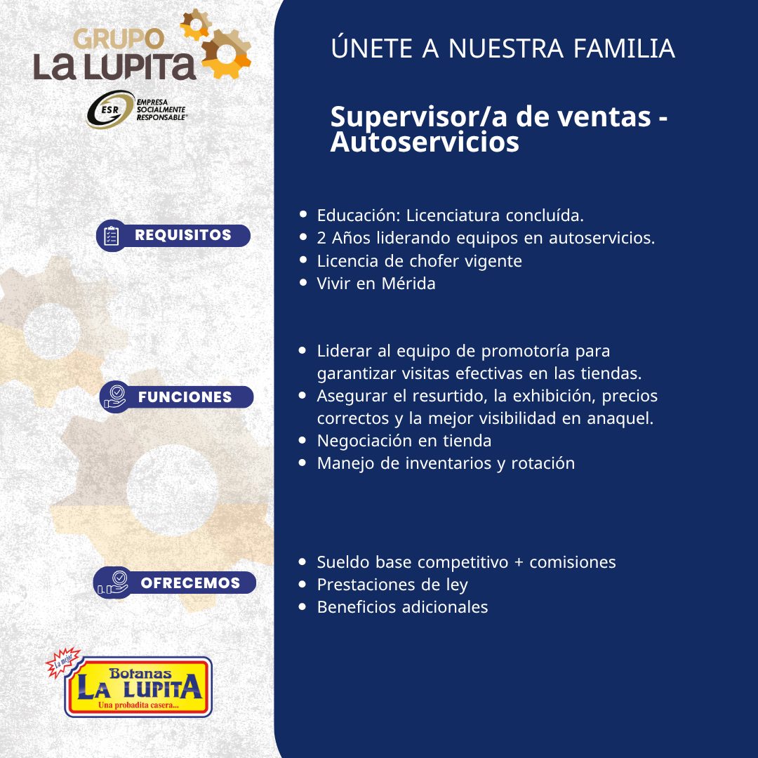 Banner del anuncio de la vacante: GRUPO · La LUPITA · ESR · EMPRESA · SOCIALMENTE · RESPONSABLE' · REQUISITOS · FUNCIONES · OFRECEMOS · Botanas · LA LUPITA · Una probadita ca