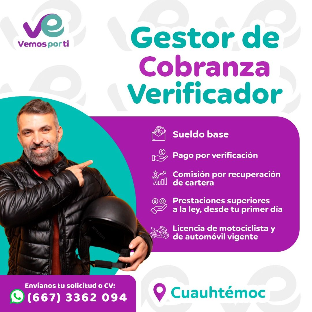 Banner del anuncio de la vacante: ve · Vemos porti · Gestor de · Cobranza · Verificador · X93399 · Sueldo base · Pago por verificación · Comisión por recuperación · Wall de c