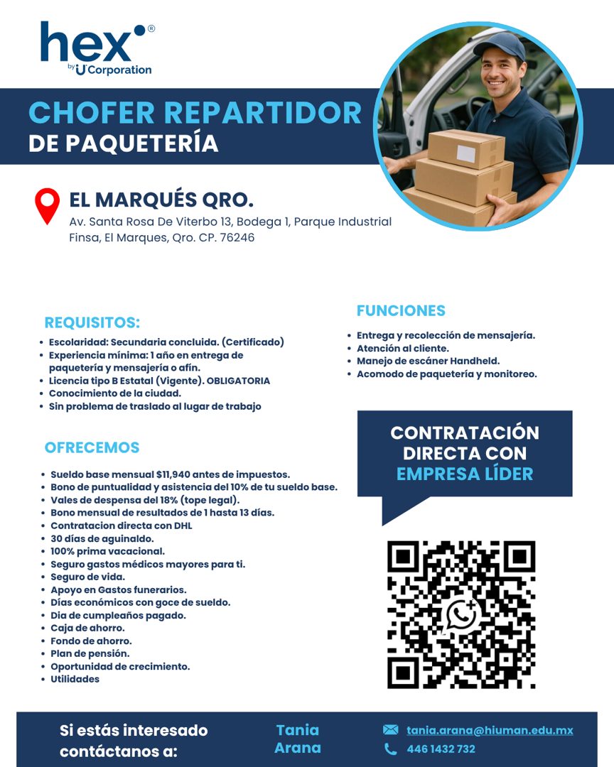 Banner del anuncio de la vacante: hex®® · by U Corporation · CHOFER REPARTIDOR · DE PAQUETERÍA · EL MARQUÉS QRO. · Av. Santa Rosa De Viterbo 13, Bodega 1, Parque Industrial ·