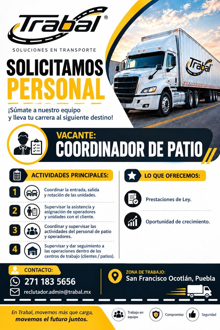 Banner del anuncio de la vacante: Trabal® · SOLUCIONES EN TRANSPORTE · SOLICITAMOS · PERSONAL · ¡Súmate a nuestro equipo · y lleva tu carrera al siguiente destino! · VACANTE: