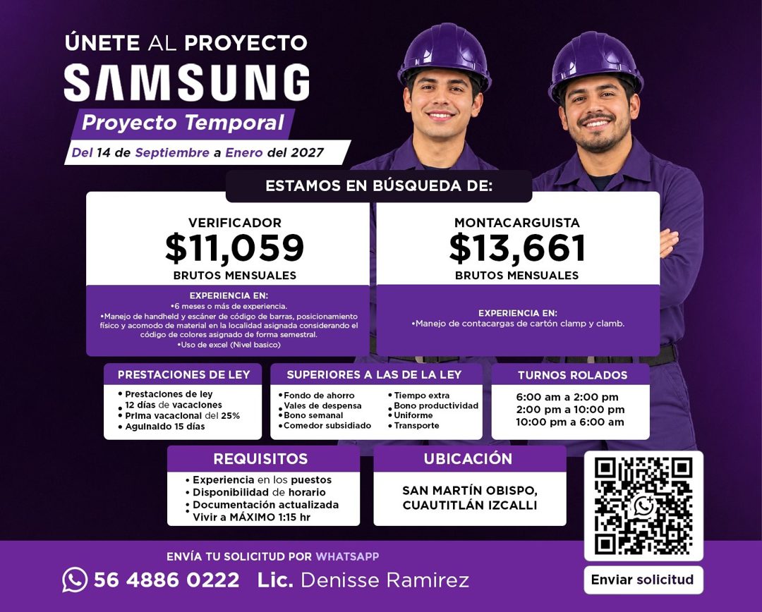Banner del anuncio de la vacante: ÚNETE AL PROYECTO · SAMSUNG · Proyecto Temporal · Del 14 de Septiembre a Enero del 2027 · ESTAMOS EN BÚSQUEDA DE: · VERIFICADOR · $11,059 · 