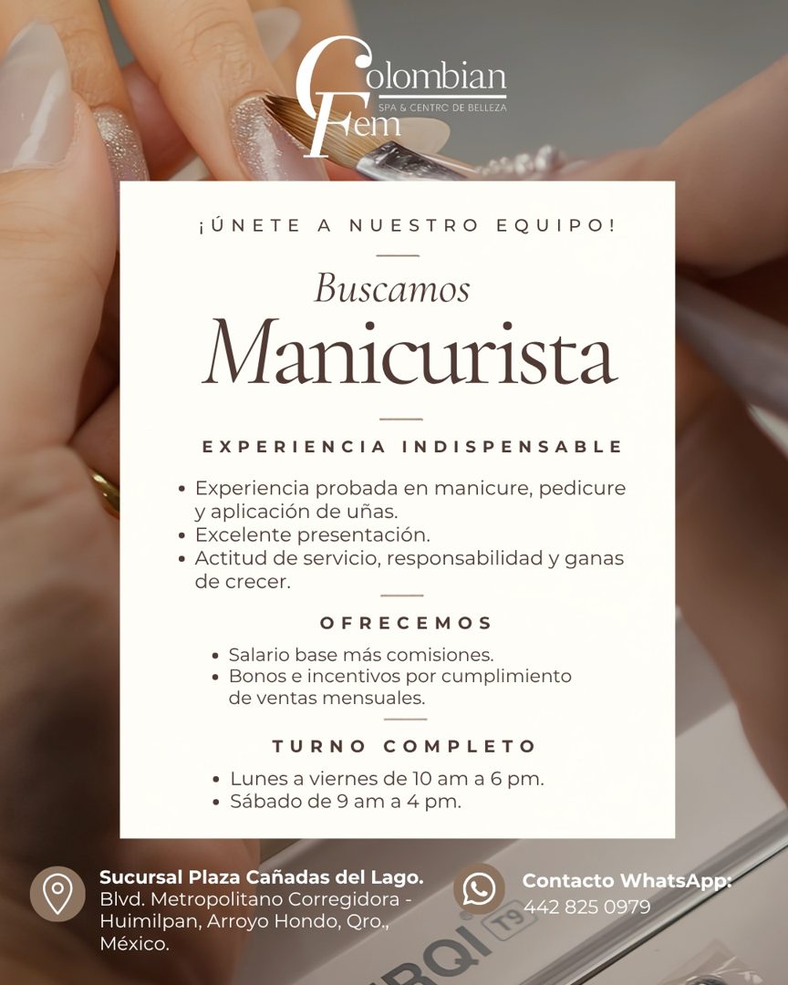 Banner del anuncio de la vacante: olombian · SPA & CENTRC DE BELLEZA · ¡ÚNETE A NUESTRO EQUIPO! · Buscamos · Manicurista · EXPERIENCIA INDISPENSABLE · • Experiencia probada e