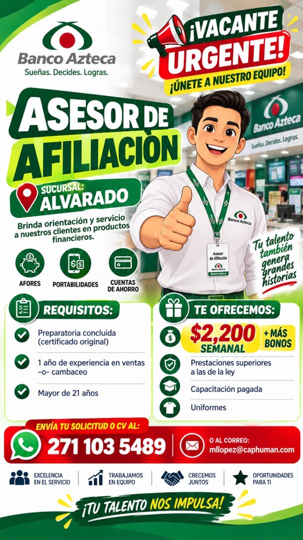 Banner del anuncio de la vacante: iVACANTE · Banco Azteca · Sueñas. Decides. Logras. · URGENTE! · ASESORDE · ¡ÚNETE A NUESTRO EQUIPO! · AFILIACION · Banco Azteca · Sueñas. De