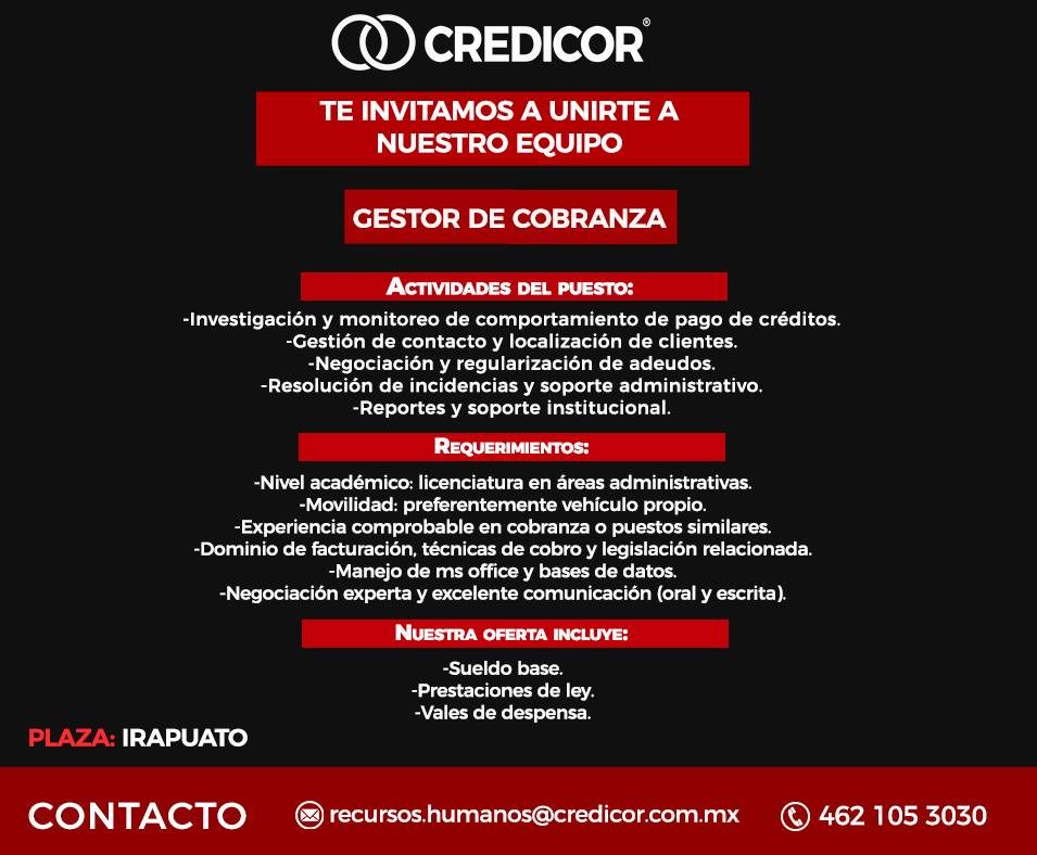 Banner del anuncio de la vacante: CREDICOR® · TE INVITAMOS A UNIRTE A · NUESTRO EQUIPO · GESTOR DE COBRANZA · ACTIVIDADES DEL PUESTO: · -Investigación y monitoreo de comporta