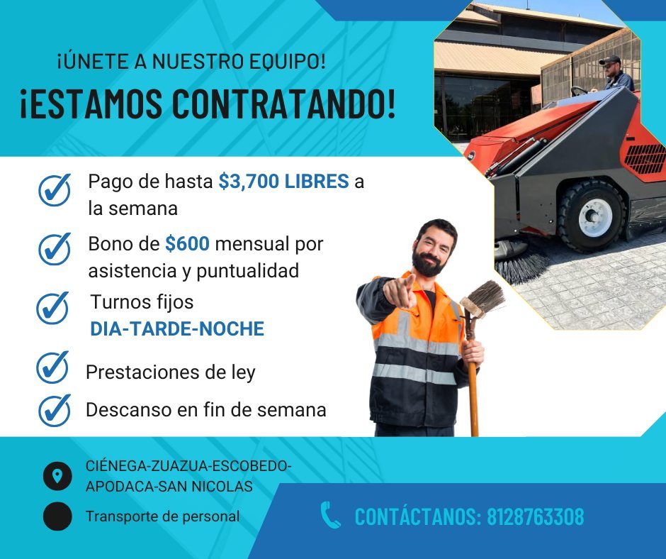 Banner del anuncio de la vacante: ¡ÚNETE A NUESTRO EQUIPO! · ¡ESTAMOS CONTRATANDO! · Pago de hasta $3,700 LIBRES a · la semana · Bono de $600 mensual por · asistencia y puntu