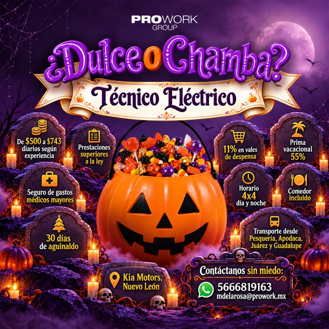 Banner del anuncio de la vacante: PROWORK · GROUP · Dulceo Chamba? · Técnico Eléctrico · De $500 a $743 · diarios según · experiencia · + · Seguro de gastos · médicos mayores