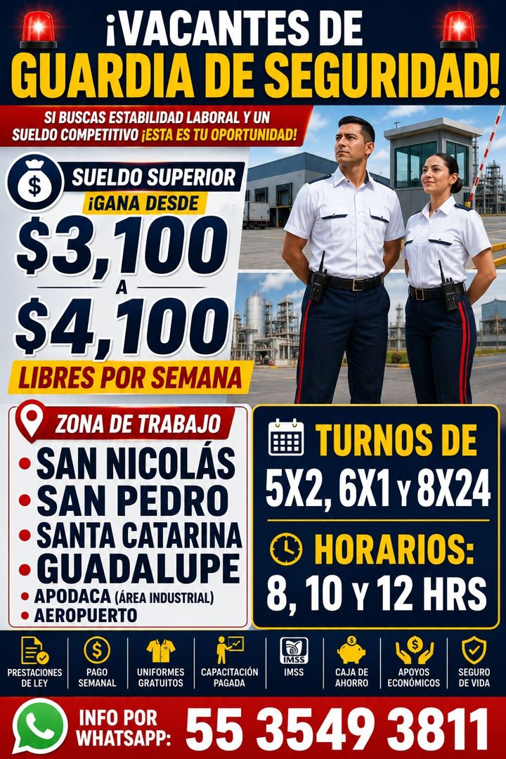 Banner del anuncio de la vacante: ¡VACANTES DE · GUARDIA DE SEGURIDAD! · SI BUSCAS ESTABILIDAD LABORAL Y UN · SUELDO COMPETITIVO ¡ESTA ES TU OPORTUNIDAD! · SUELDO SUPERIOR · 