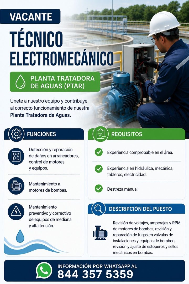 Banner del anuncio de la vacante: VACANTE · TÉCNICO · ELECTROMECÁNICO · PLANTA TRATADORA · DE AGUAS (PTAR) · Únete a nuestro equipo y contribuye · al correcto funcionamiento 