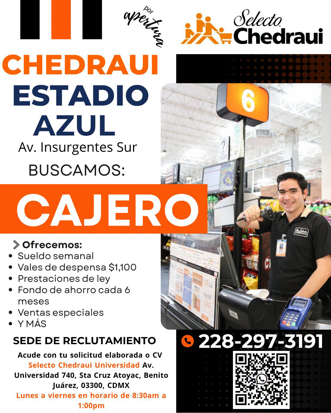 Banner del anuncio de la vacante: Selecto · -_Chedraui · CHEDRAUI · ESTADIO · AZUL · Av. Insurgentes Sur · BUSCAMOS: · CAJERO · > Ofrecemos: · • Sueldo semanal · • Vales de d
