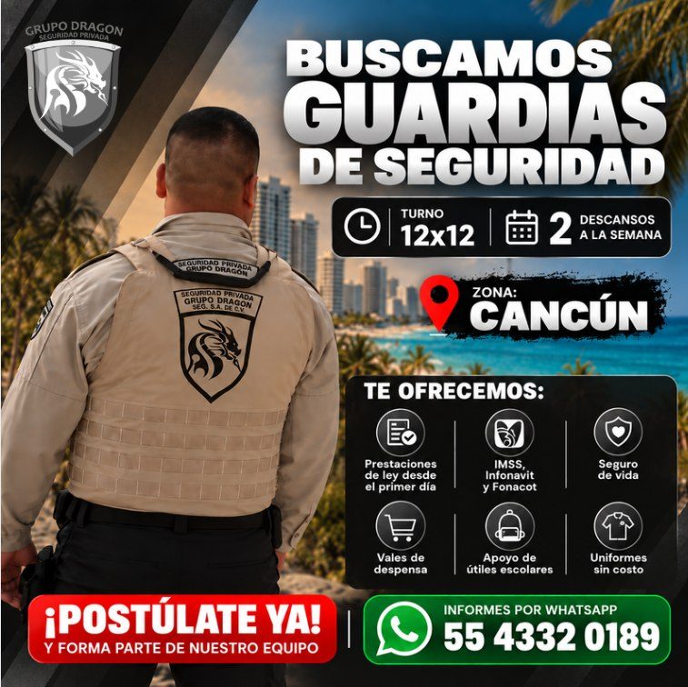 Banner del anuncio de la vacante: GRUPO DRAGON · SEGURIDAD PRIVADA · BUSCAMOS · GUARDIAS · DE SEGURIDAD · TURNO · DESCANSOS · 12x12 · SEGURIDAD PRIVADA · GRUPO PRACON · ZONA: