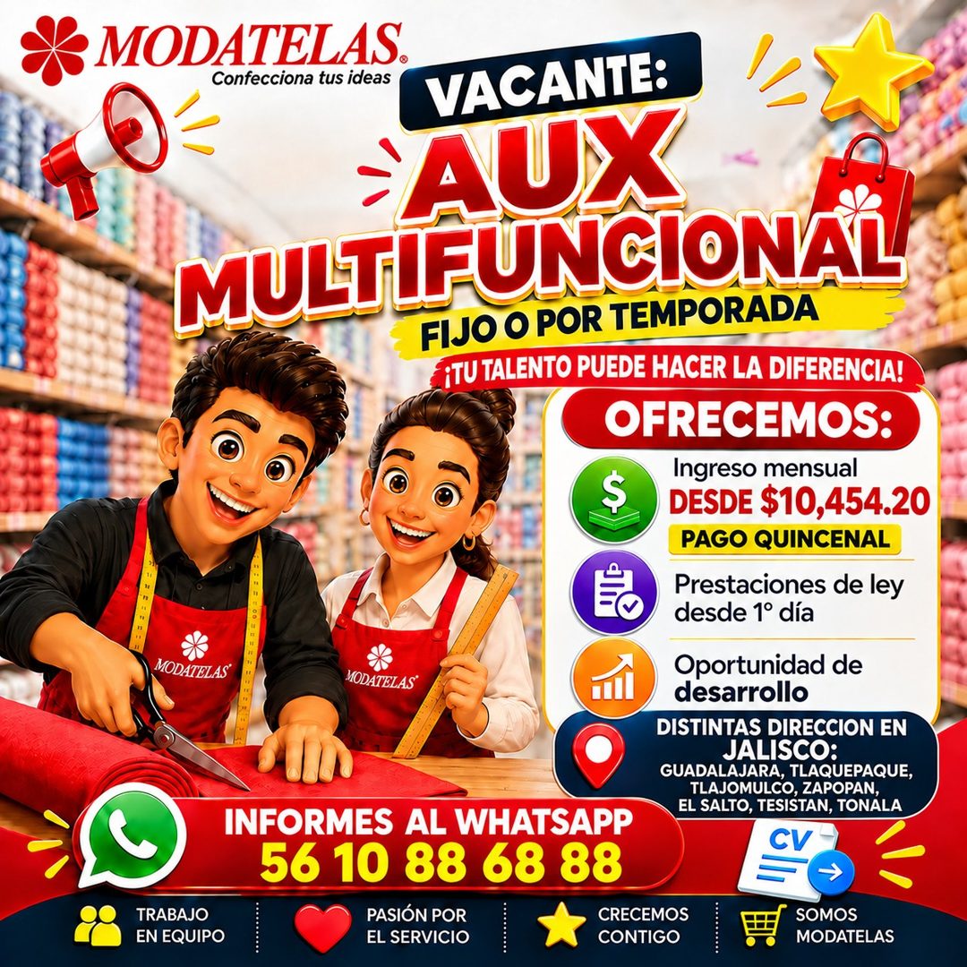 Banner del anuncio de la vacante: MODATELAS. · Confecciona tus ideas · VACANTE: · AUX · MULTIFUNCIONAL · FIJO O POR TEMPORADA · CITU TALENTO PUEDE HACER LA DIFERENCIA! · OFRE
