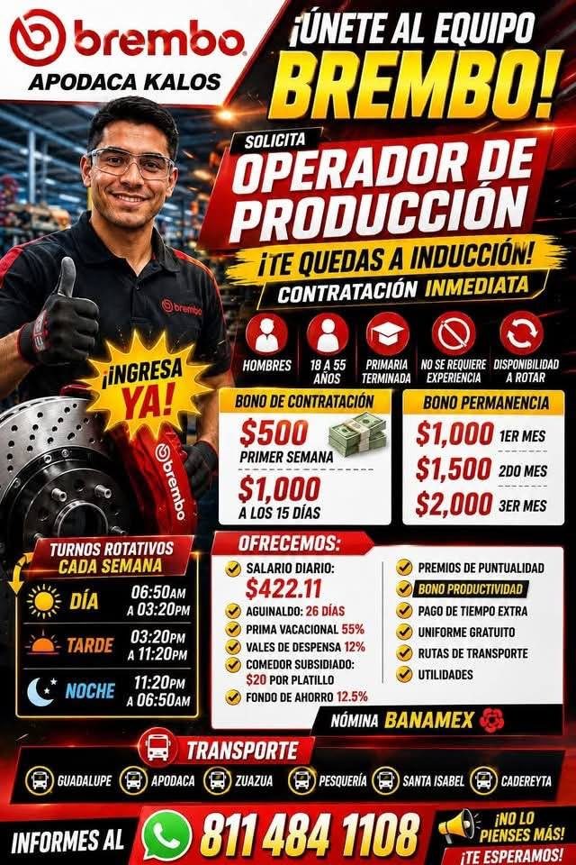Banner del anuncio de la vacante: • brembo. · APODACA KALOS · ¡UNETE AL EQUIPO · SOLICITA · BREMBOL · OPERADOR DE · PRODUCCION · ¡TE QUEDAS A INDUCCIÓN! · CONTRATACIÓN INMEDI