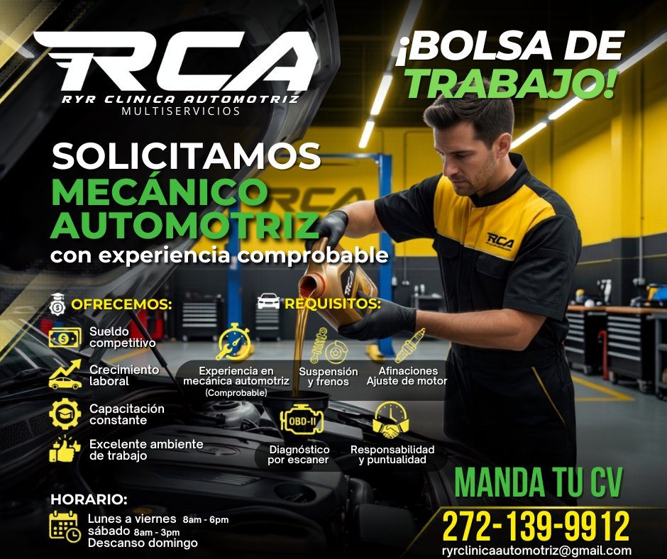 Banner del anuncio de la vacante: RCA · CLINICA AUTOMOTRIZ · MULTISERVICIOS · SOLICITAMOS · MECANICORC · AUTOMOTRIZ · con experiencia comprobable · = REQUISITOS: · ¡BOLSA DE 