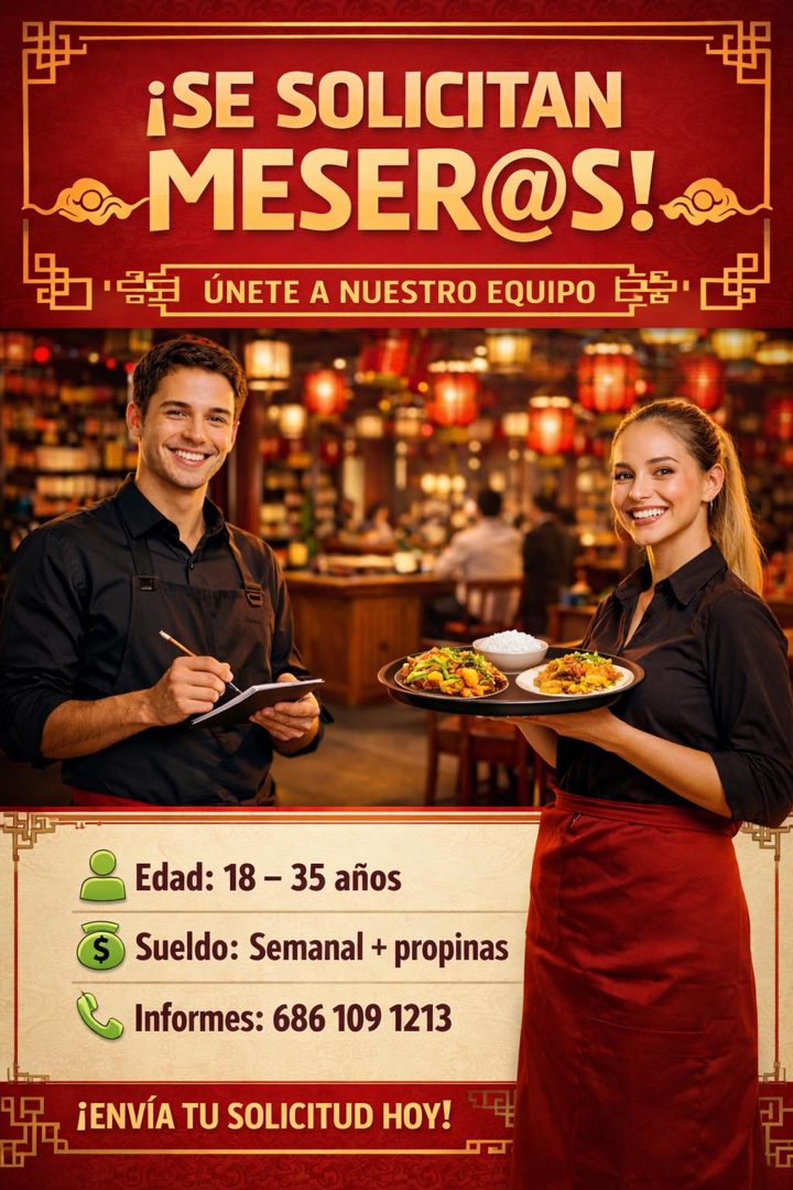 Banner del anuncio de la vacante: ¡SE SOLICITAN · MESER@S!* · ÚNETE A NUESTRO EQUIPO · Edad: 18 - 35 años · Sueldo: Semanal + propinas · Informes: 686 109 1213 · ¡ENVÍA TU SO