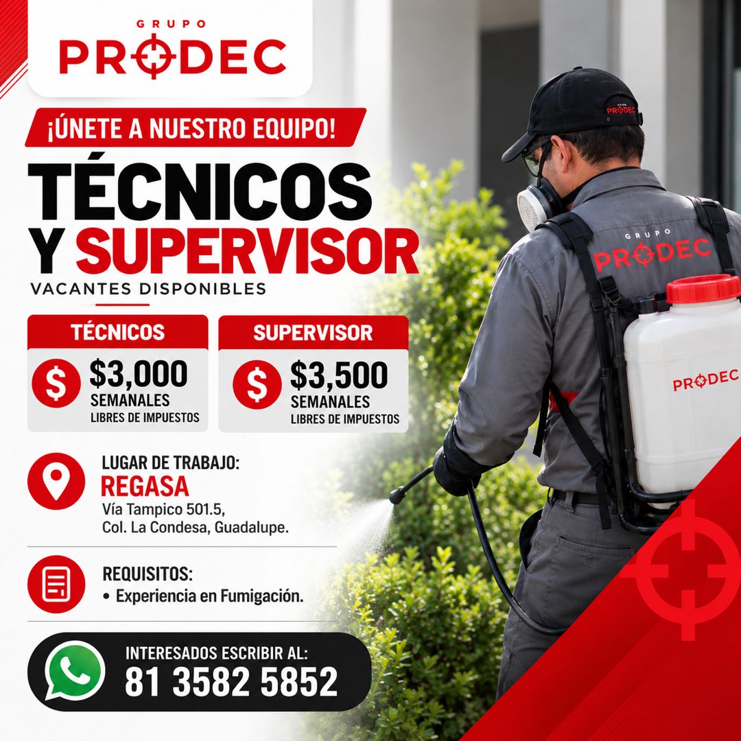 Banner del anuncio de la vacante: G · RUPO · PRODEC · ¡ÚNETE A NUESTRO EQUIPO! · TÉCNICOS · Y SUPERVISOR · VACANTES DISPONIBLES · $ · TÉCNICOS · $3,000 · SEMANALES · LIBRES D