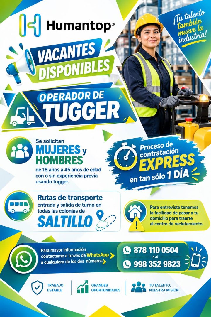 Banner del anuncio de la vacante: Humantop® · VACANTES · DISPONIBLES · OPERADOR DE · TUGGER · ¡Tu talento · tambien · mueve la · industria! · Se solicitan · MUJERES y · HOMBR