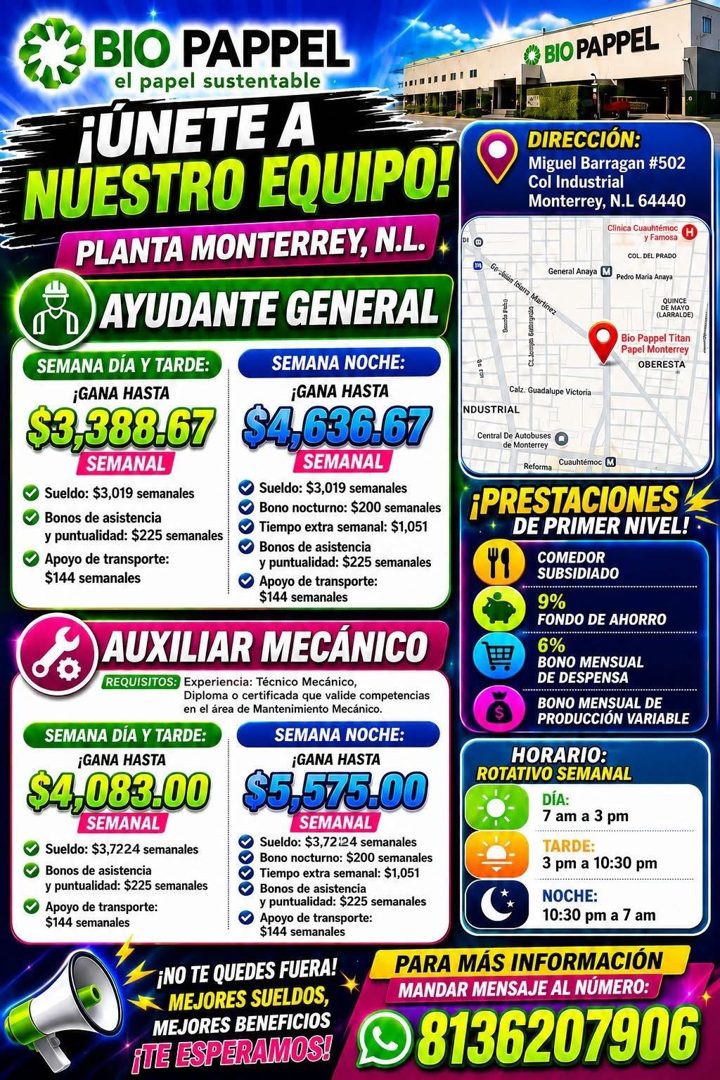 Banner del anuncio de la vacante: BIO PAPPEL · el papel sustentable · ¡ÚNETE A · NUESTRO EQUIPO! · PLANTA MONTERREY, N.L. · BIO PAPPEL · DIRECCIÓN: · Miguel Barragan #502 · C
