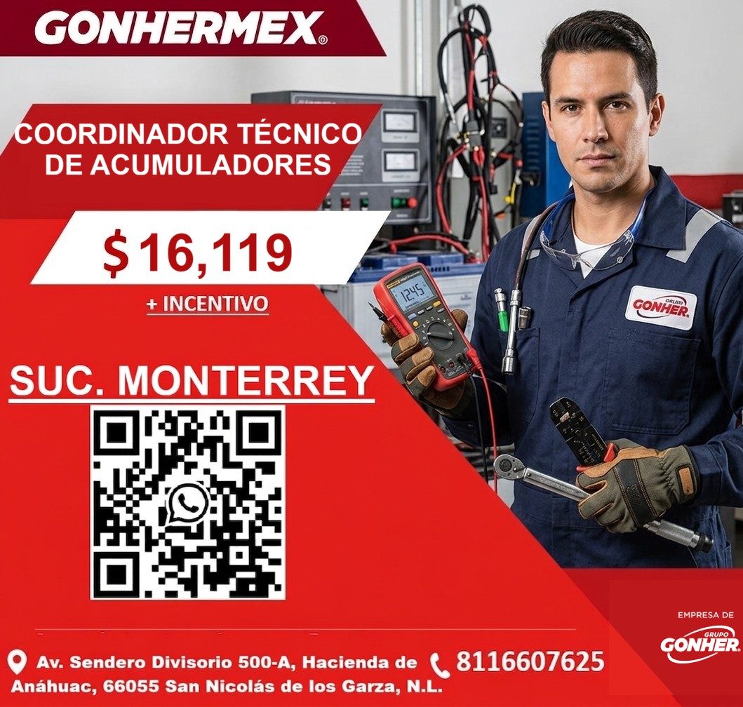 Banner del anuncio de la vacante: GONHERMEX.® · COORDINADOR TÉCNICO · DE ACUMULADORES · $ 16,119 · + INCENTIVO · SUC. MONTERREY · 1245 · GONHER. · EMPRESA DE · GRUPO · GONHER