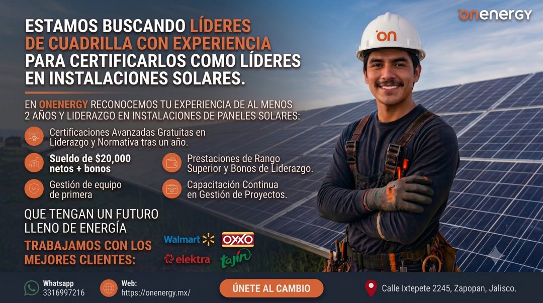Banner del anuncio de la vacante: ESTAMOS BUSCANDO LÍDERES · DE CUADRILLA CON EXPERIENCIA · PARA CERTIFICARLOS COMO LÍDERES · EN INSTALACIONES SOLARES. · EN ONENERGY RECONOCE