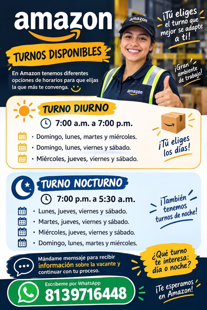 Banner del anuncio de la vacante: amazon · amazon · TURNOS DISPONIBLES · En Amazon tenemos diferentes · opciones de horarios para que elijas · la que más te convenga. · amazo