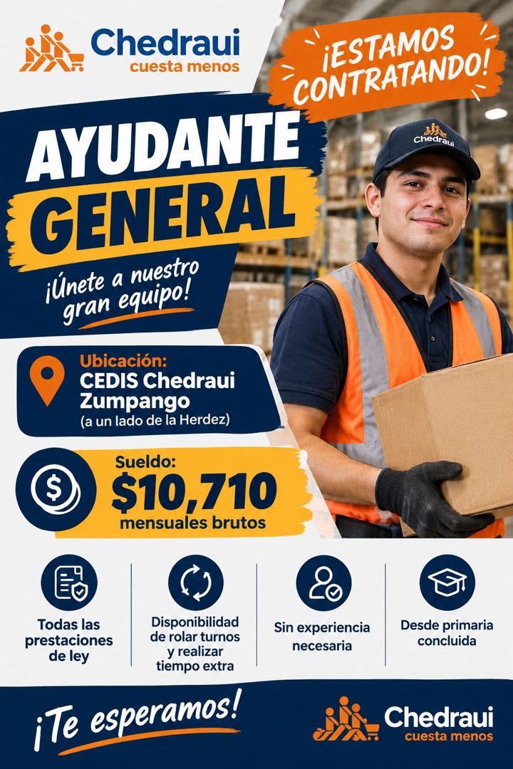 Banner del anuncio de la vacante: Chedraui · cuesta menos · ¡ESTAMOS · CONTRATANDO! · AYUDANTE · GENERAL · ¡lnete a nuestro · gran equipo! · Ubicación: · CEDIS Chedraui · Zum