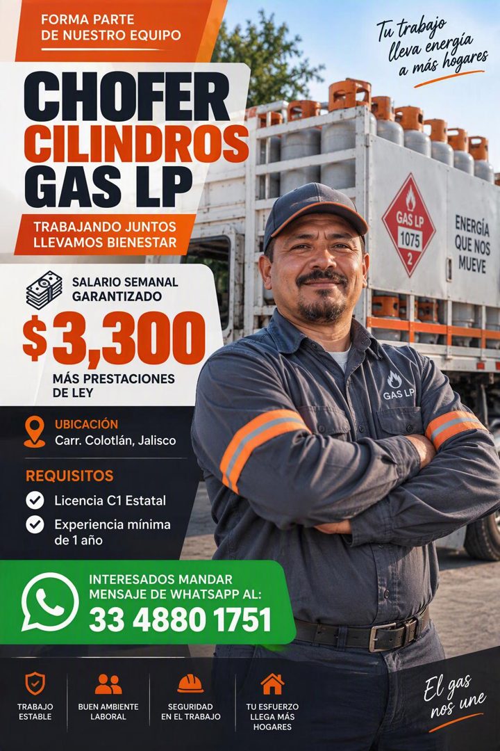 Banner del anuncio de la vacante: FORMA PARTE · DE NUESTRO EQUIPO · Tu trabajo · lleva energía · a más hogares · CHOFER · CILINDROS · GAS LP · TRABAJANDO JUNTOS · LLEVAMOS BI