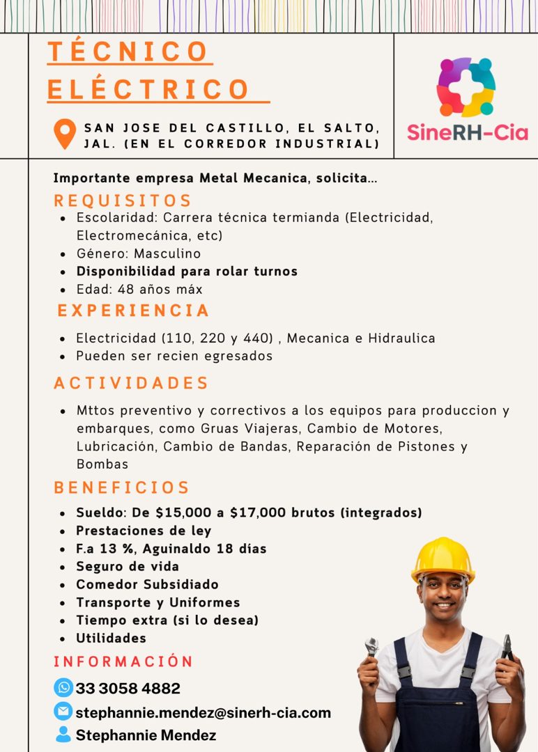 Banner del anuncio de la vacante: TÉCNICO · ELÉCTRICO · SAN JOSE DEL CASTILLO, EL SALTO, · JAL. (EN EL CORREDOR INDUSTRIAL) · SineRH-Cia · Importante empresa Metal Mecanica, 