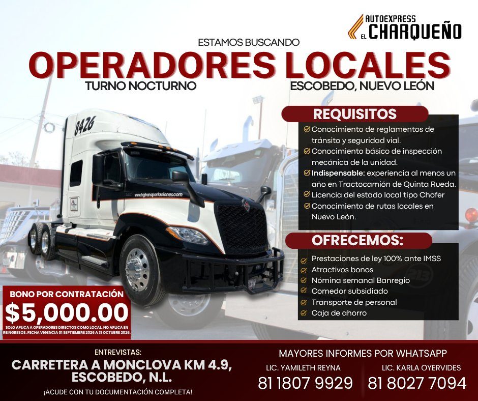 Banner del anuncio de la vacante: AUTOEXPRESS · & CHARQUEÑO · ESTAMOS BUSCANDO · OPERADORES LOCALES · TURNO NOCTURNO · ESCOBEDO, NUEVO LEÓN · 8426 · BONO POR CONTRATACIÓN · $