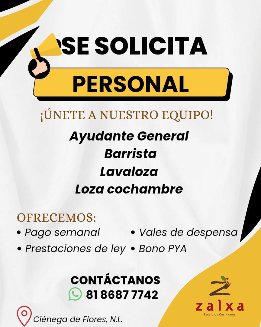 Banner del anuncio de la vacante: 'SE SOLICITA · PERSONAL · ¡ÚNETE A NUESTRO EQUIPO! · Ayudante General · Barrista · Lavaloza · Loza cochambre · OFRECEMOS: · • Pago semanal ·