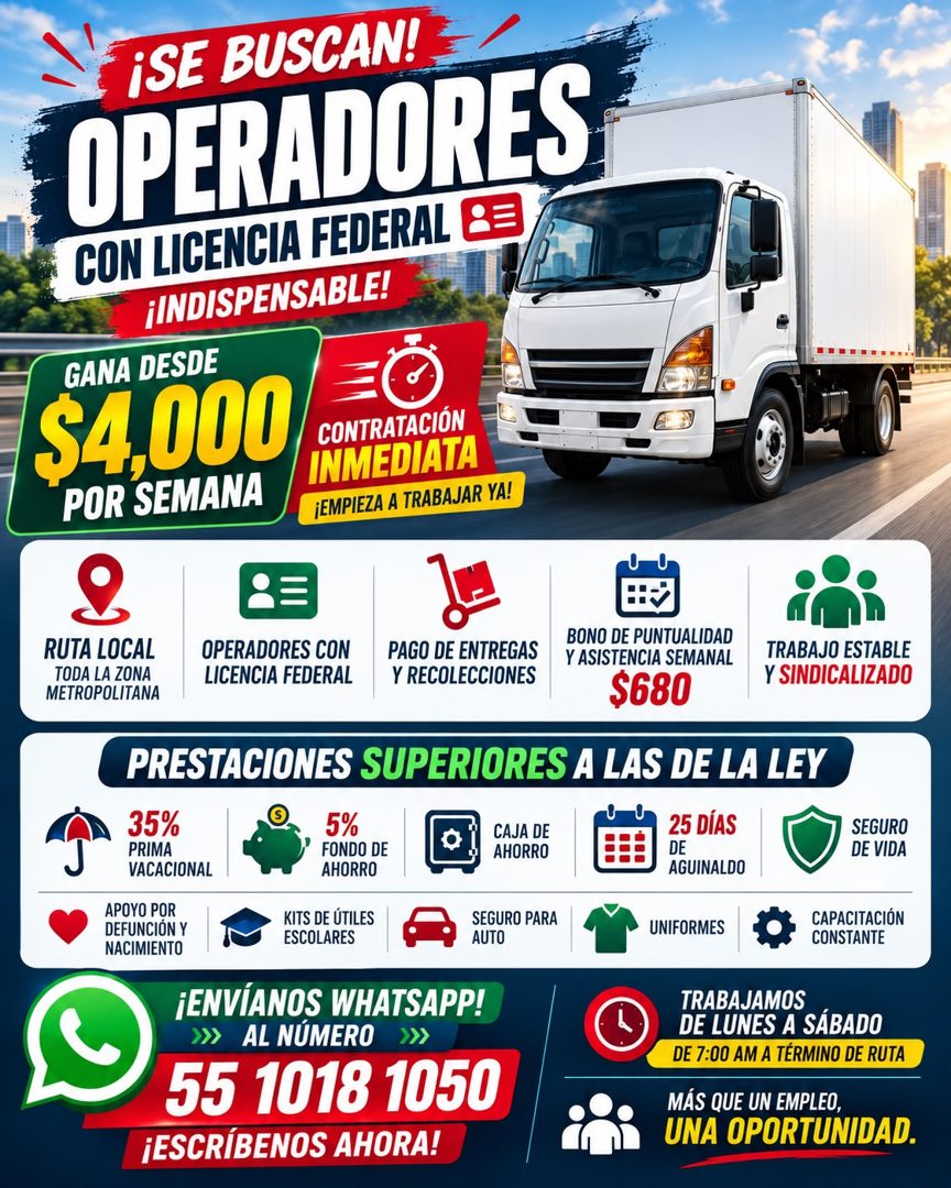 Banner del anuncio de la vacante: ISE BUSCAN! · OPERADORES · CON LICENCIA FEDERAL & · ¡INDISPENSABLE! · GANA DESDE · $4.000 · CONTRATACIÓN · POR SEMANA · INMEDIATA · ¡EMPIEZA