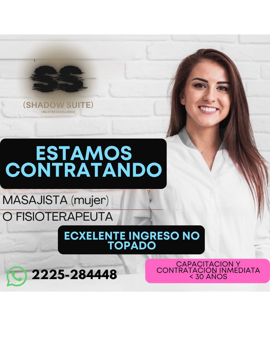 Banner del anuncio de la vacante: SS · (SHADOW SUITE) · UNLISTED EXCELLENCE · ESTAMOS · CONTRATANDO · MASAJISTA (mujer) · O FISIOTERAPEUTA · ECXELENTE INGRESO NO · TOPADO · 2