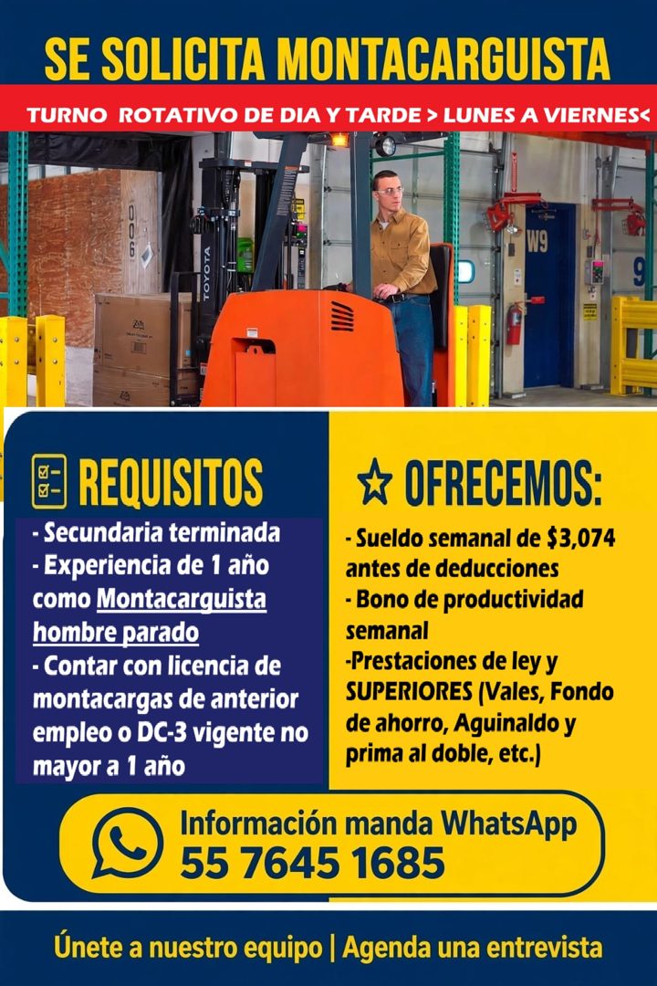 Banner del anuncio de la vacante: SE SOLICITA MONTACARGUISTA · TURNO ROTATIVO DE DIA Y TARDE › LUNES A VIERNES< · W9 · TOYOTA · REQUISITOS · - Secundaria terminada · - Experi
